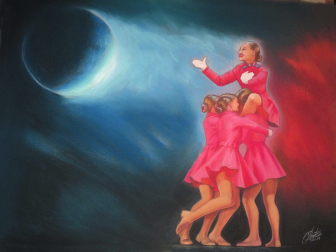This is a pastel painting of painting Fly Me to the Moon, a dance performed by the Moves & Motions School of Dance in Manhasset, New York.  The pastel painting depicts three dancers as they hold a fourth dancer in the air.